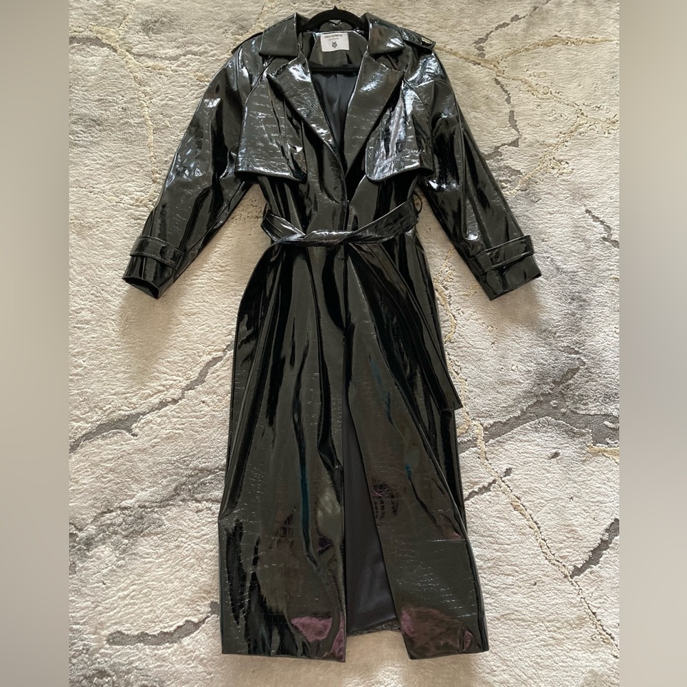 Black faux leather trench